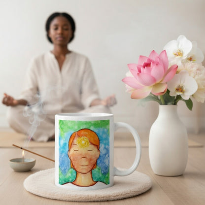 Man meditating with glowing third eye chakra on forehead, symbolizing intuition, awareness and inner vision, spiritual chakra artwork on a meditation themed coffee mug. The mug is sitting on a white cloth. A woman is meditating in the background. There is a flower to the right of the mug and incense burning on the left.