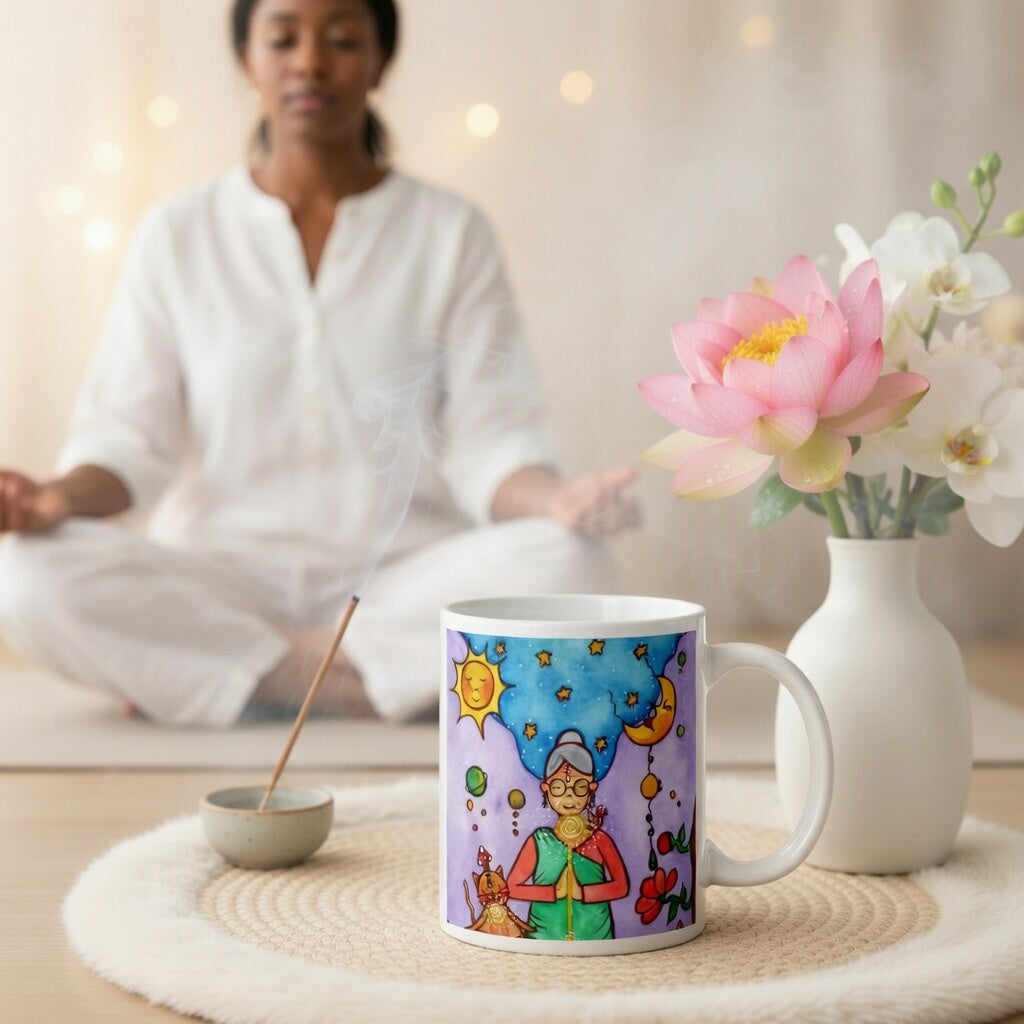 Woman and her cat meditating under sun and moon, peaceful scene representing harmony, balance and connection, spiritual coffee mug design.  The mug is sitting on a white mat with flowers and burning incense beside it. A woman is meditating in the background.