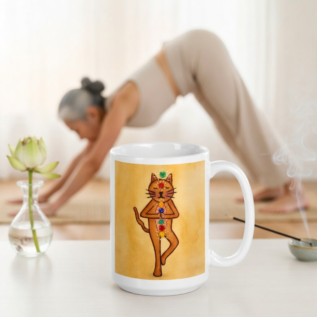 Brown cat standing in a meditation pose with glowing chakras along its body on a yellow background meditation mug.  The mug is in front of a woman doing the yoga posture downward facing dog.