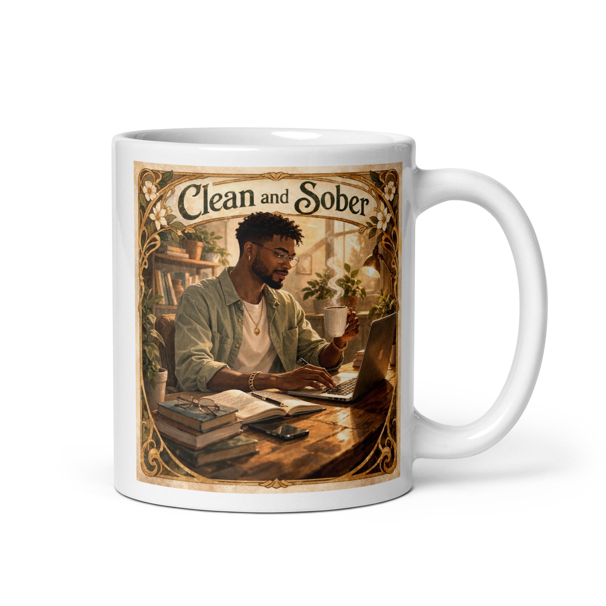 Warm vintage-style “Clean and Sober” illustration featuring a man drinking coffee while working at a laptop in a cozy plant-filled workspace with books, sunlight, and decorative floral borders.
