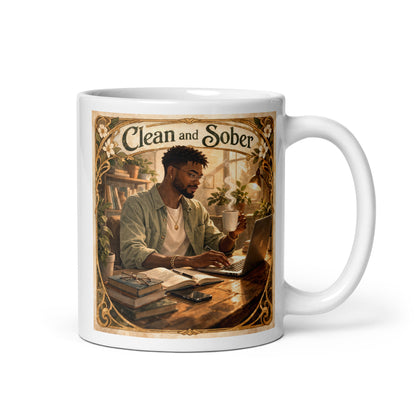 Warm vintage-style “Clean and Sober” illustration featuring a man drinking coffee while working at a laptop in a cozy plant-filled workspace with books, sunlight, and decorative floral borders.