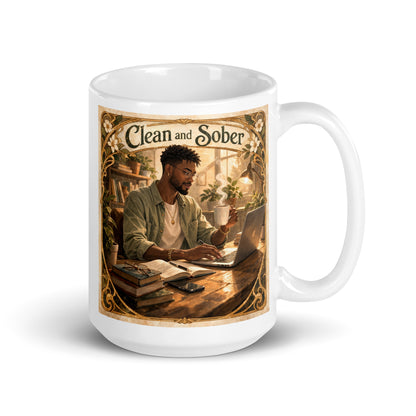 Warm calming “Clean and Sober” illustration featuring a man drinking coffee while working at a laptop in a cozy plant-filled workspace with books, sunlight, and decorative floral borders.