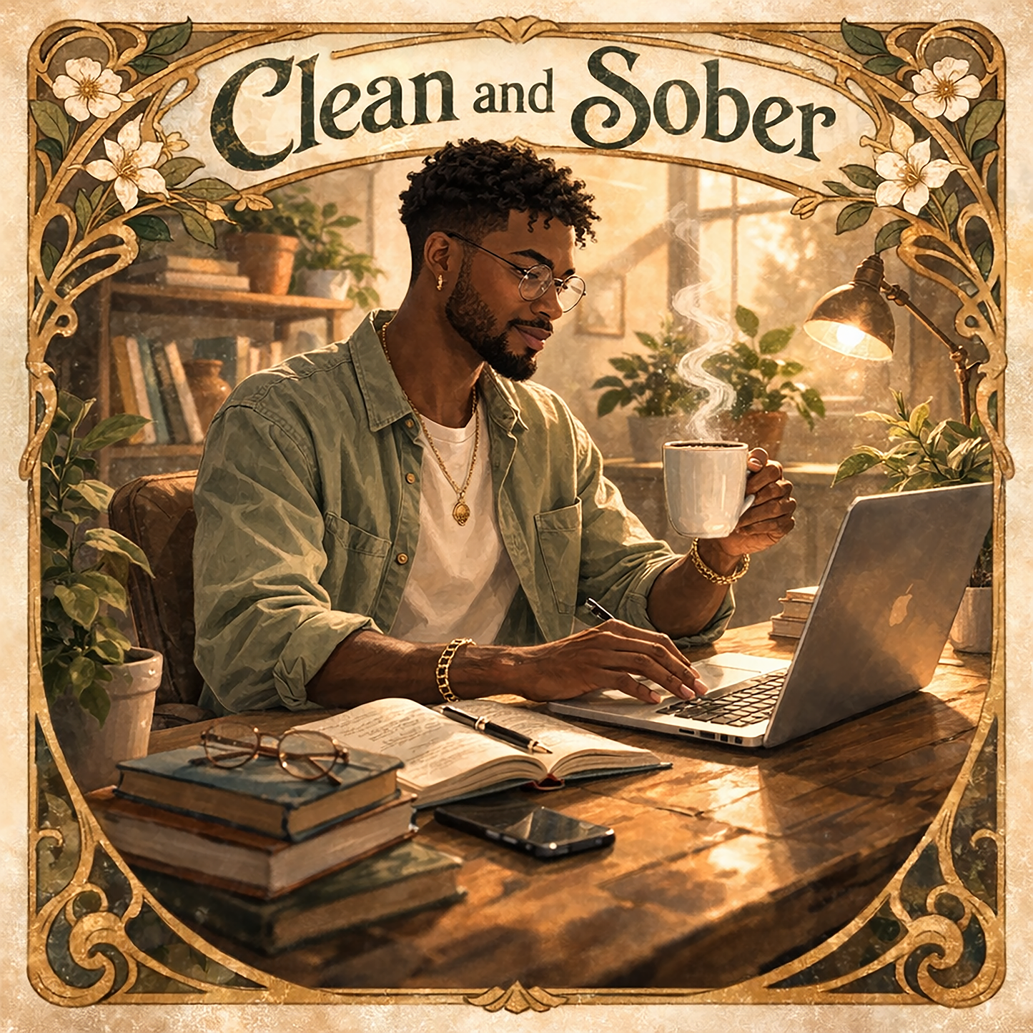 Thumbnail of a Warm vintage-style “Clean and Sober” illustration featuring a man drinking coffee while working at a laptop in a cozy plant-filled workspace with books, sunlight, and decorative floral borders.
