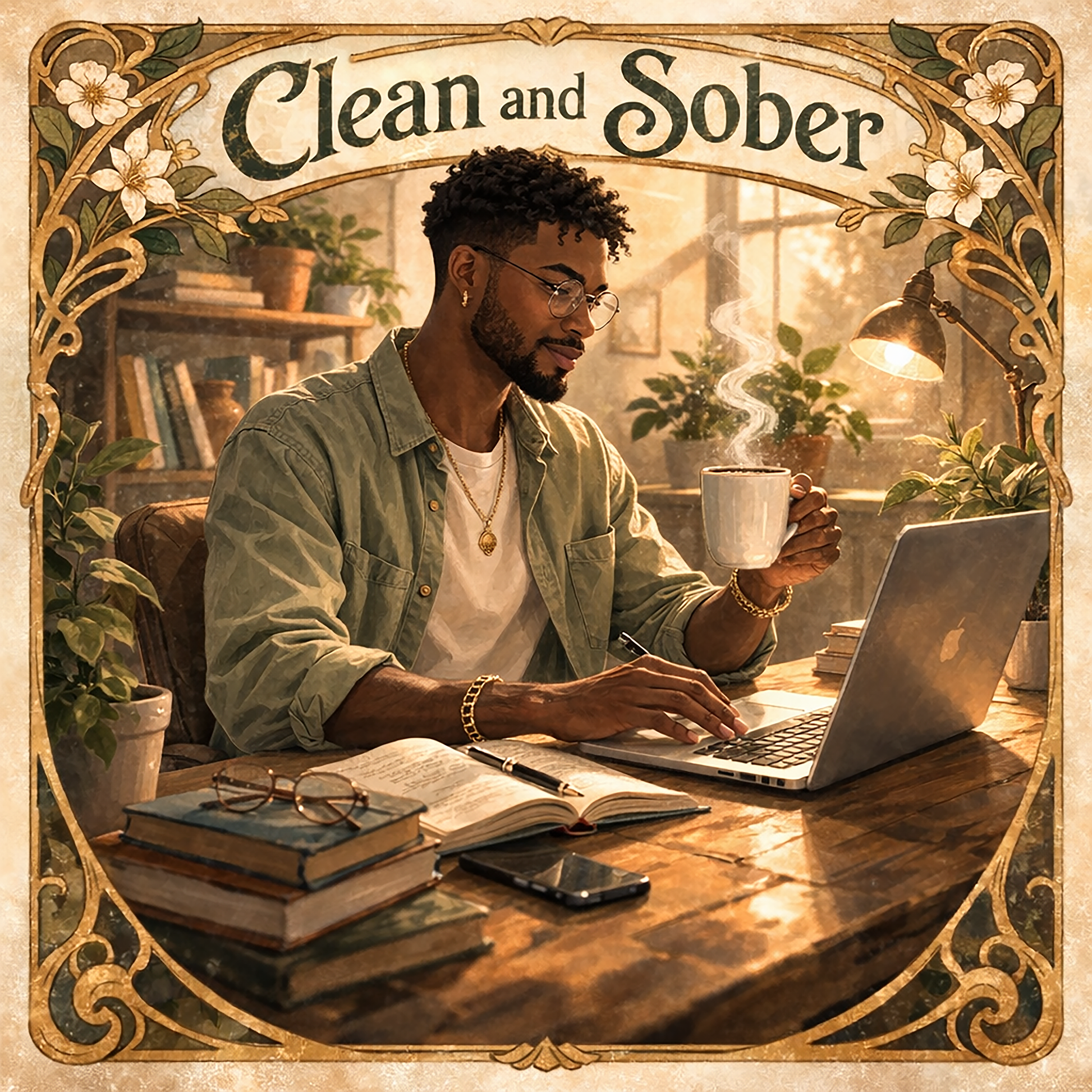 Thumbnail of a Warm vintage-style “Clean and Sober” illustration featuring a man drinking coffee while working at a laptop in a cozy plant-filled workspace with books, sunlight, and decorative floral borders.