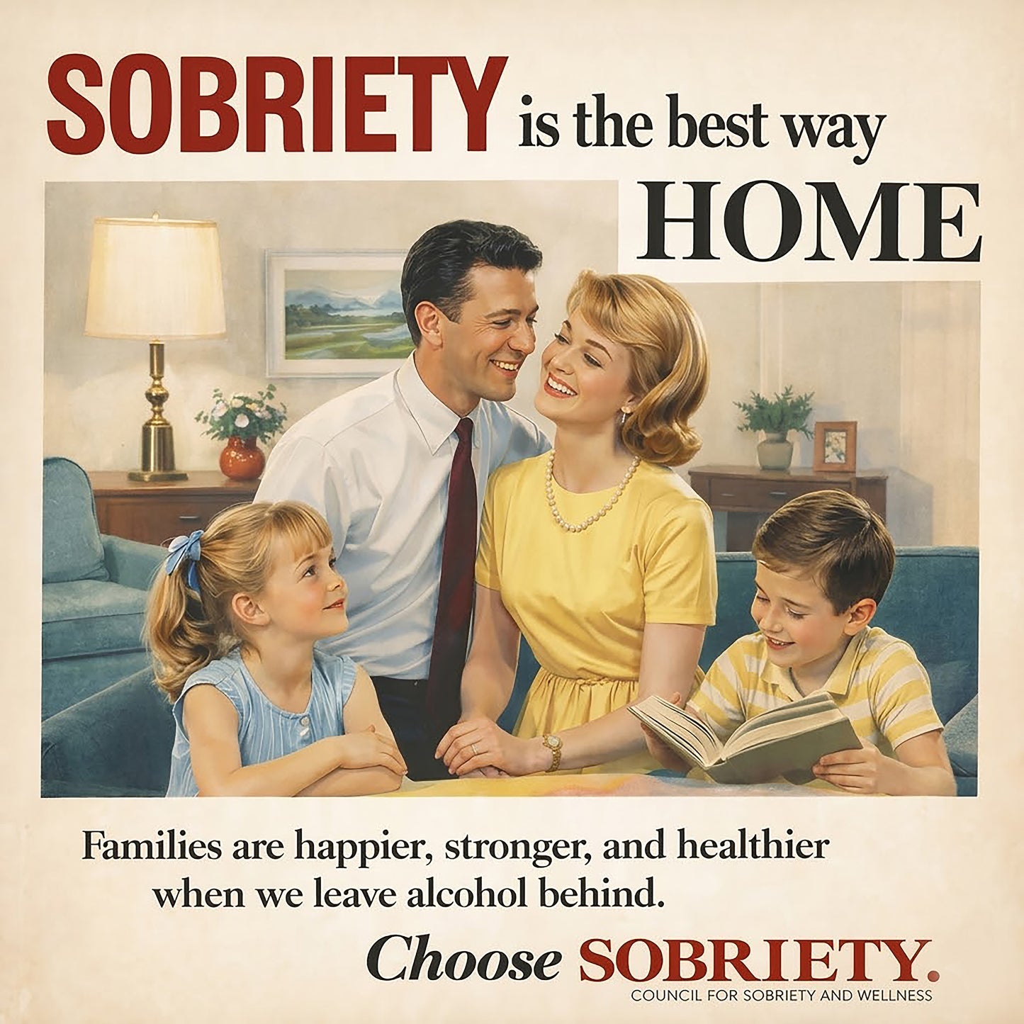 Vintage-style sobriety coffee mug design featuring a happy retro family with inspirational sober living messaging promoting healthier homes, stronger relationships, and recovery positivity.