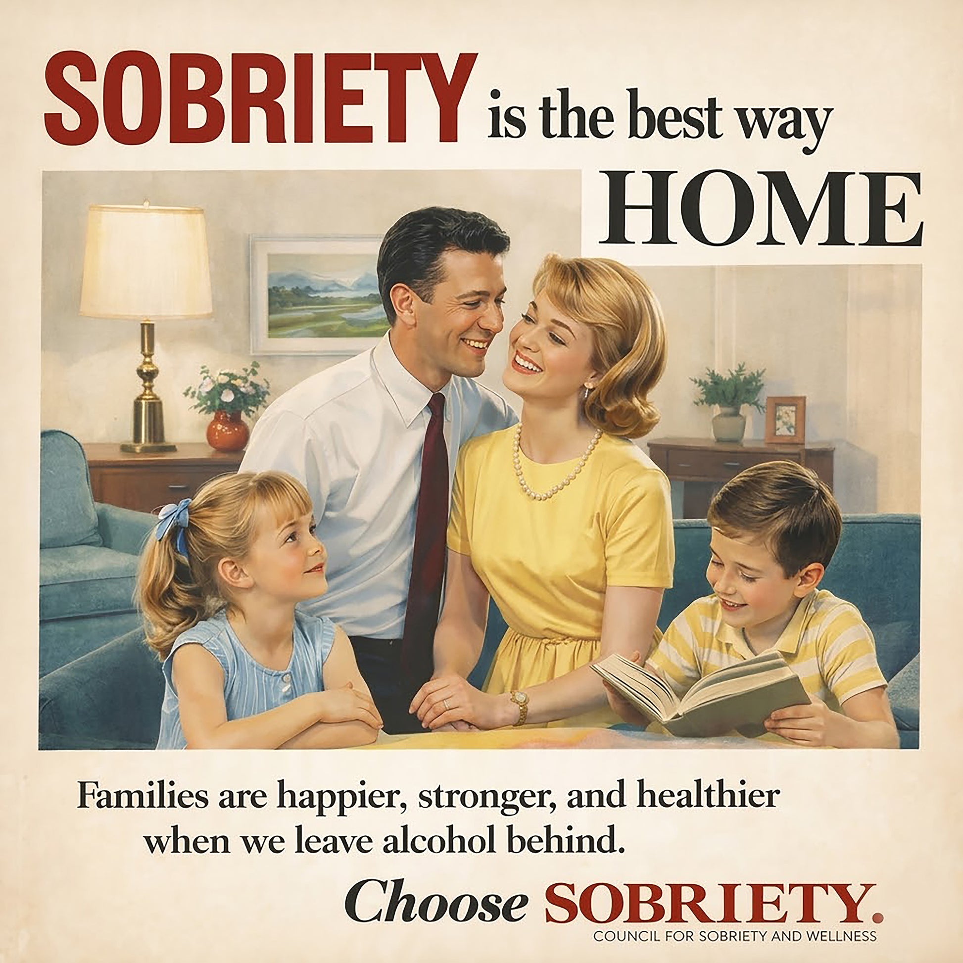 Vintage-style sobriety coffee mug design featuring a happy retro family with inspirational sober living messaging promoting healthier homes, stronger relationships, and recovery positivity.