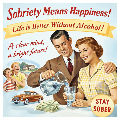 Vintage-style sobriety coffee mug design featuring happy retro couple, inspirational recovery slogans, and positive clean living imagery in classic mid-century advertising style.