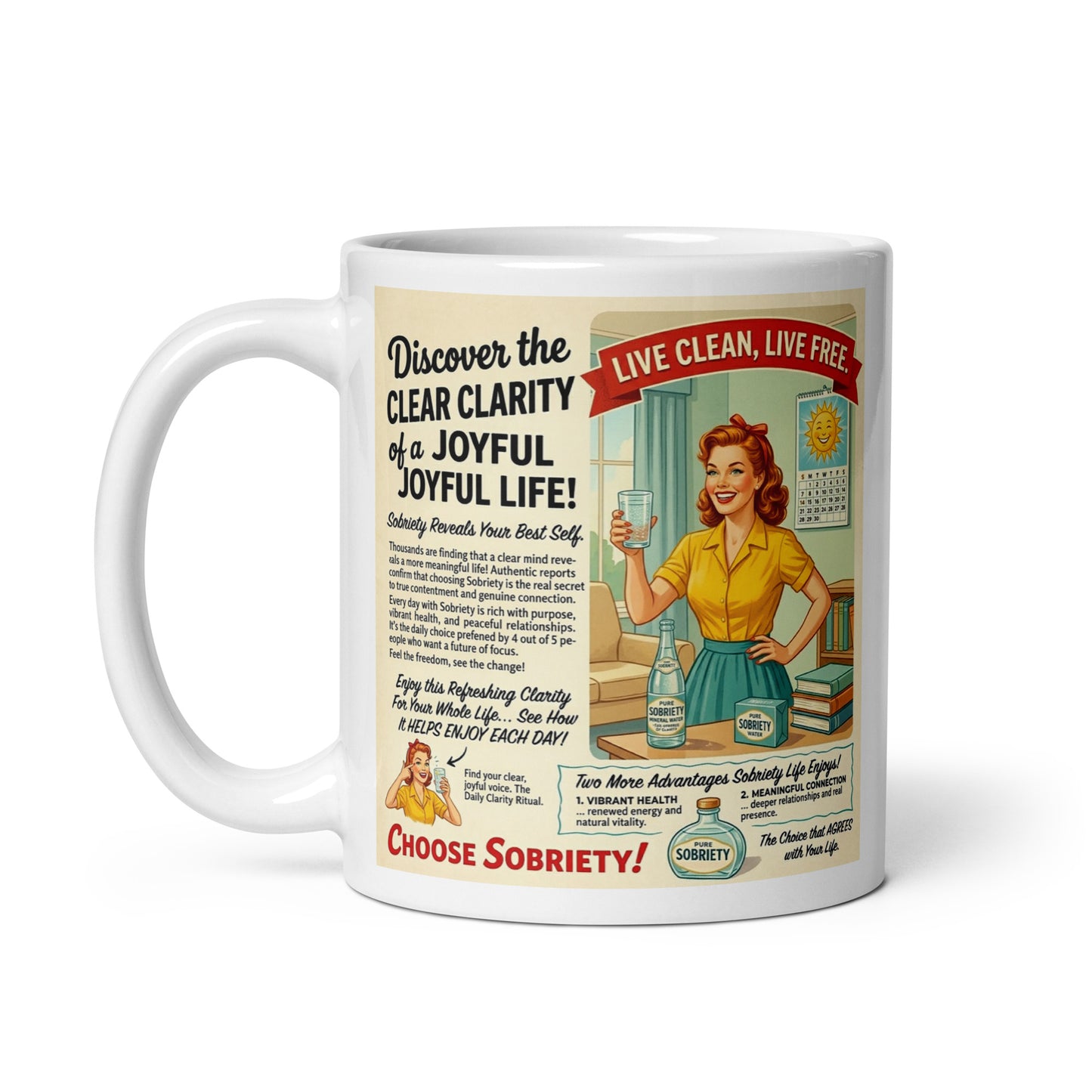 Mug with vintage-style advertisement featuring a woman and text on a white background. Clear clarity.