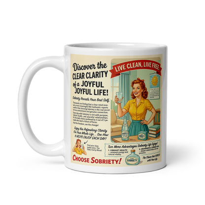 Mug with vintage-style advertisement featuring a woman and text on a white background. Clear clarity.