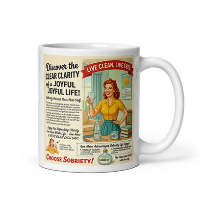 Mug with vintage-style advertisement featuring a woman and text on a white background. Joyful life!