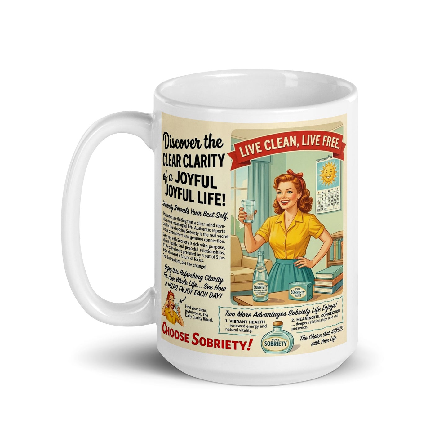 Mug with retro-style advertisement featuring a woman and text on a white background. Choose sobriety.