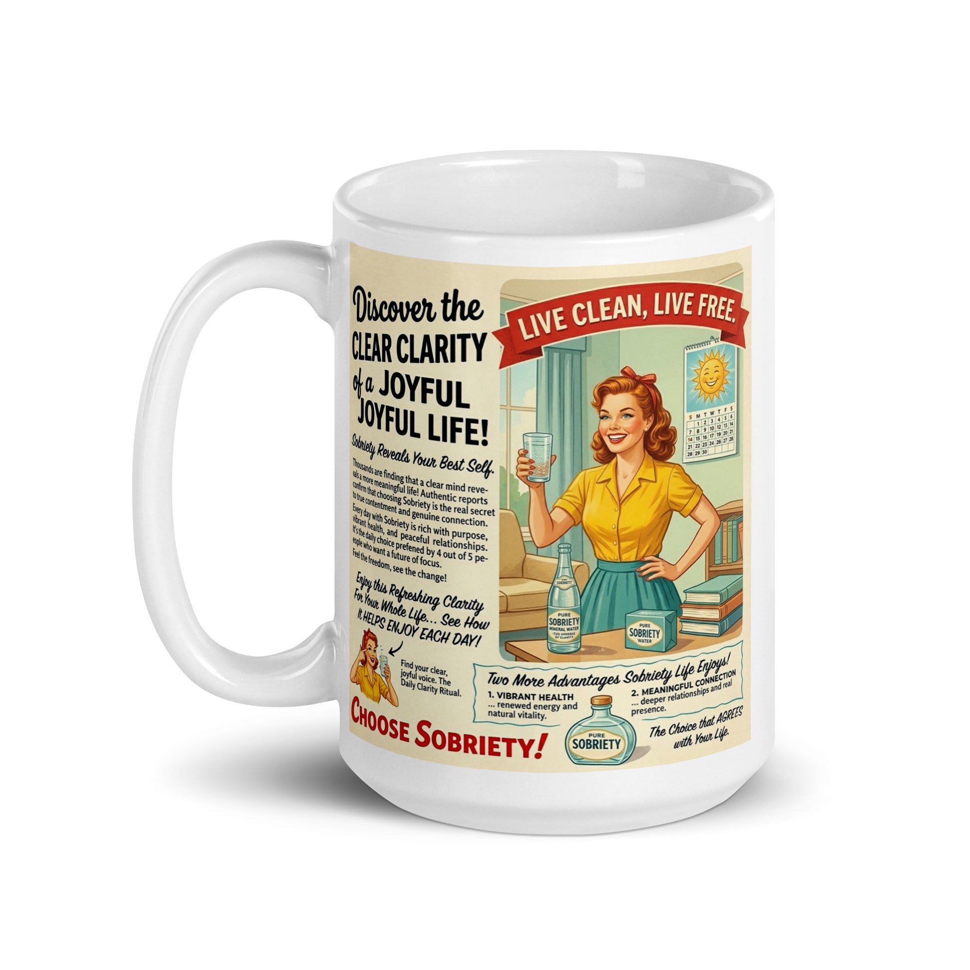 Mug with retro-style advertisement featuring a woman and text on a white background. Choose sobriety.