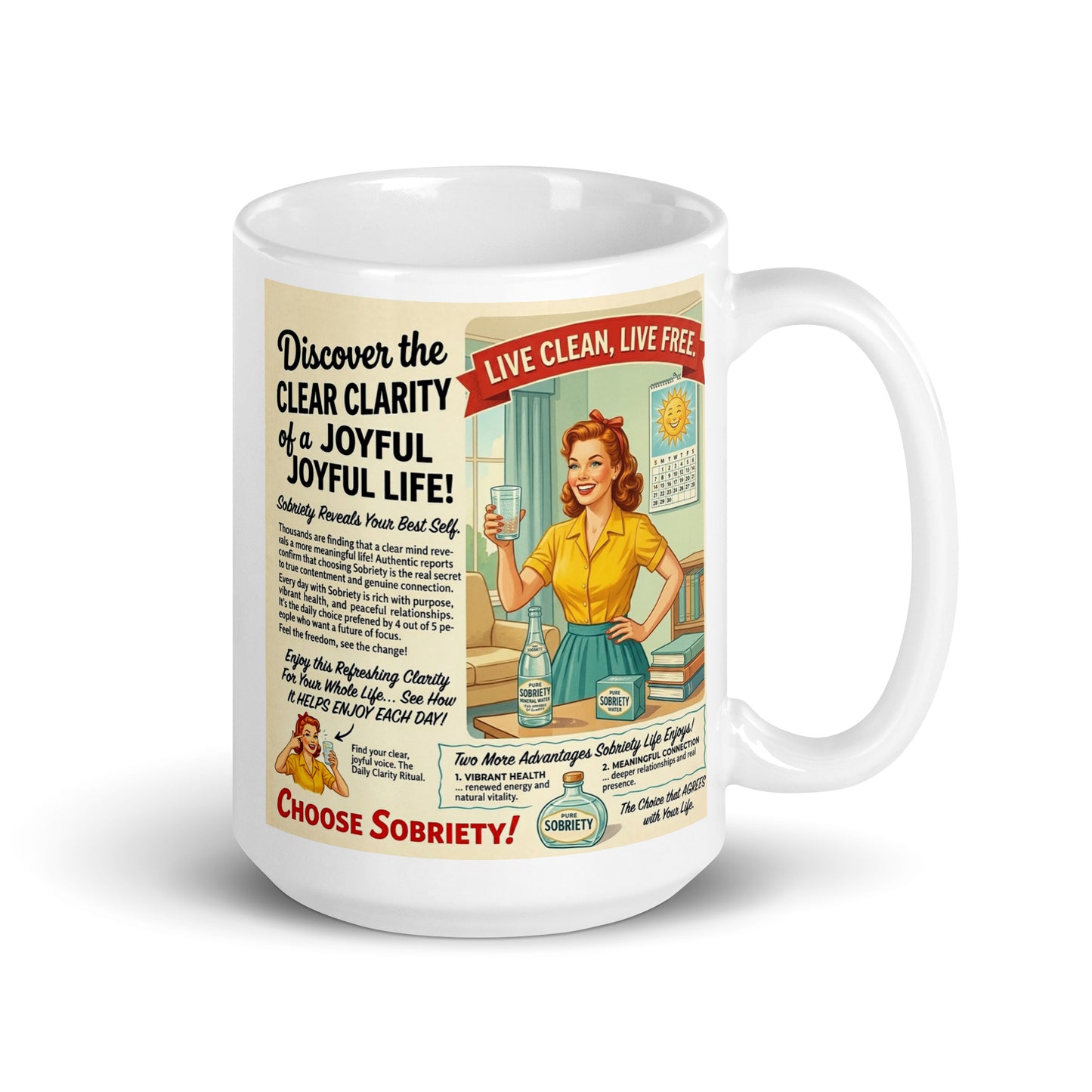Mug with vintage-style advertisement featuring a woman and text on a white background. Live clean.