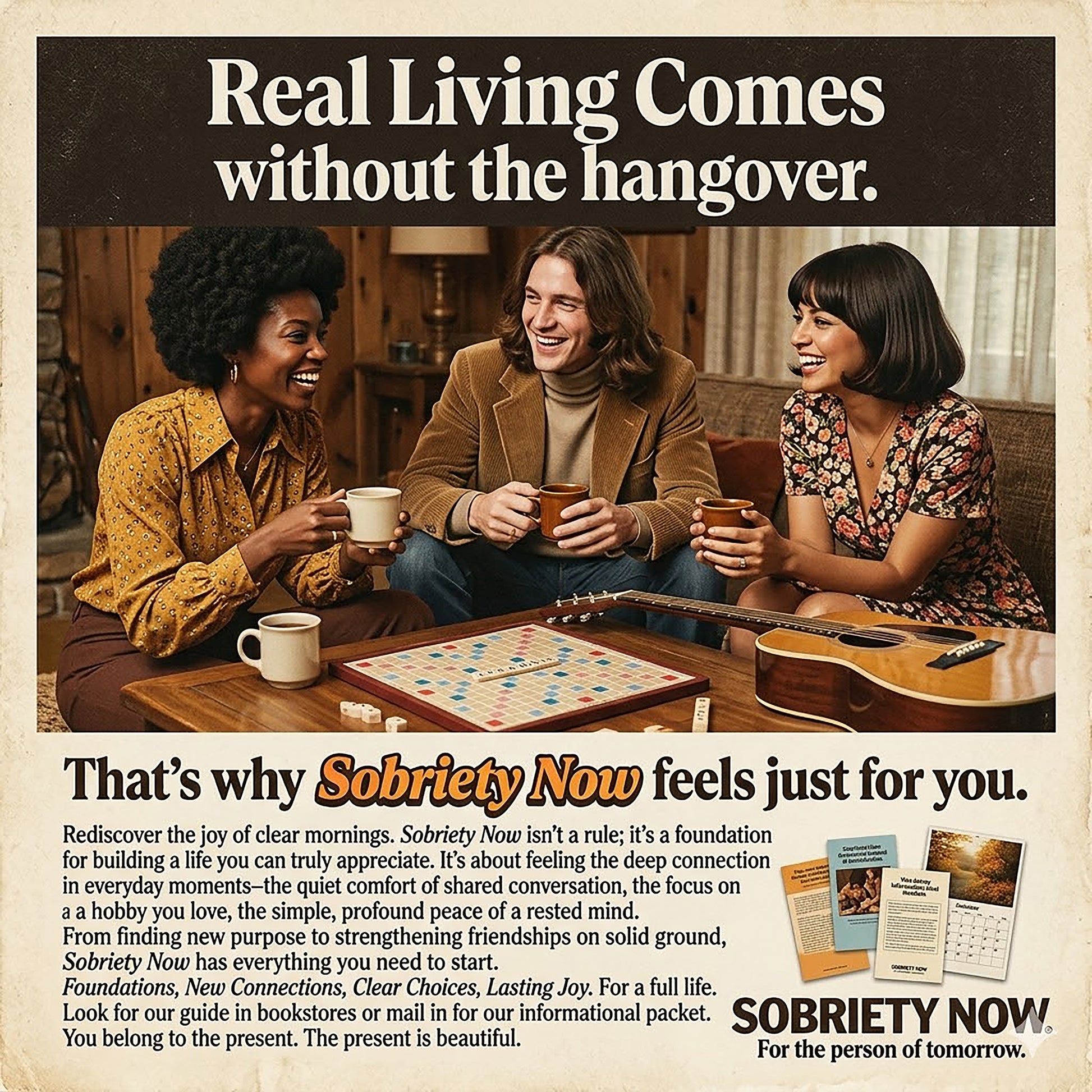 Vintage-style sobriety coffee mug design featuring friends enjoying coffee, conversation, and music with inspirational recovery messaging about clear living and hangover-free mornings.