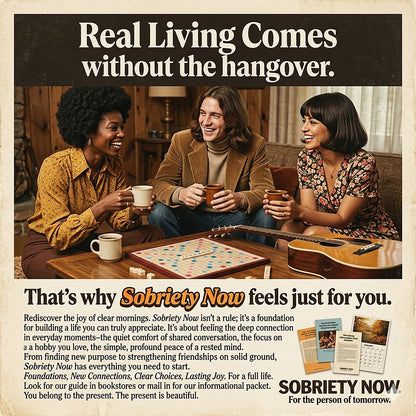 Vintage-style sobriety coffee mug design featuring friends enjoying coffee, conversation, and music with inspirational recovery messaging about clear living and hangover-free mornings.