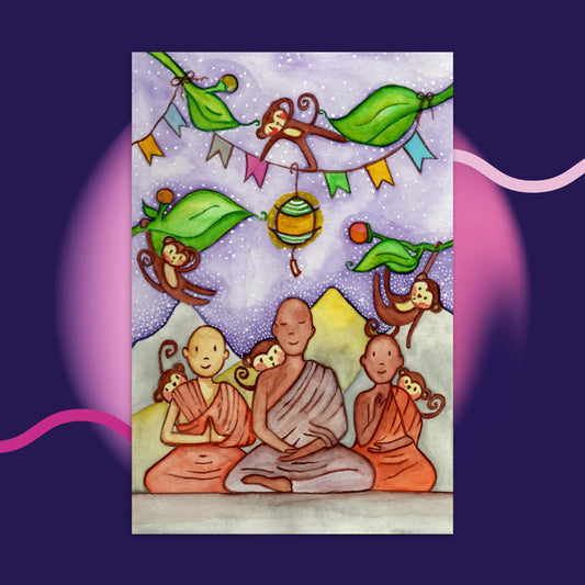 Postcard (young monks learning to calm the monkey mind)