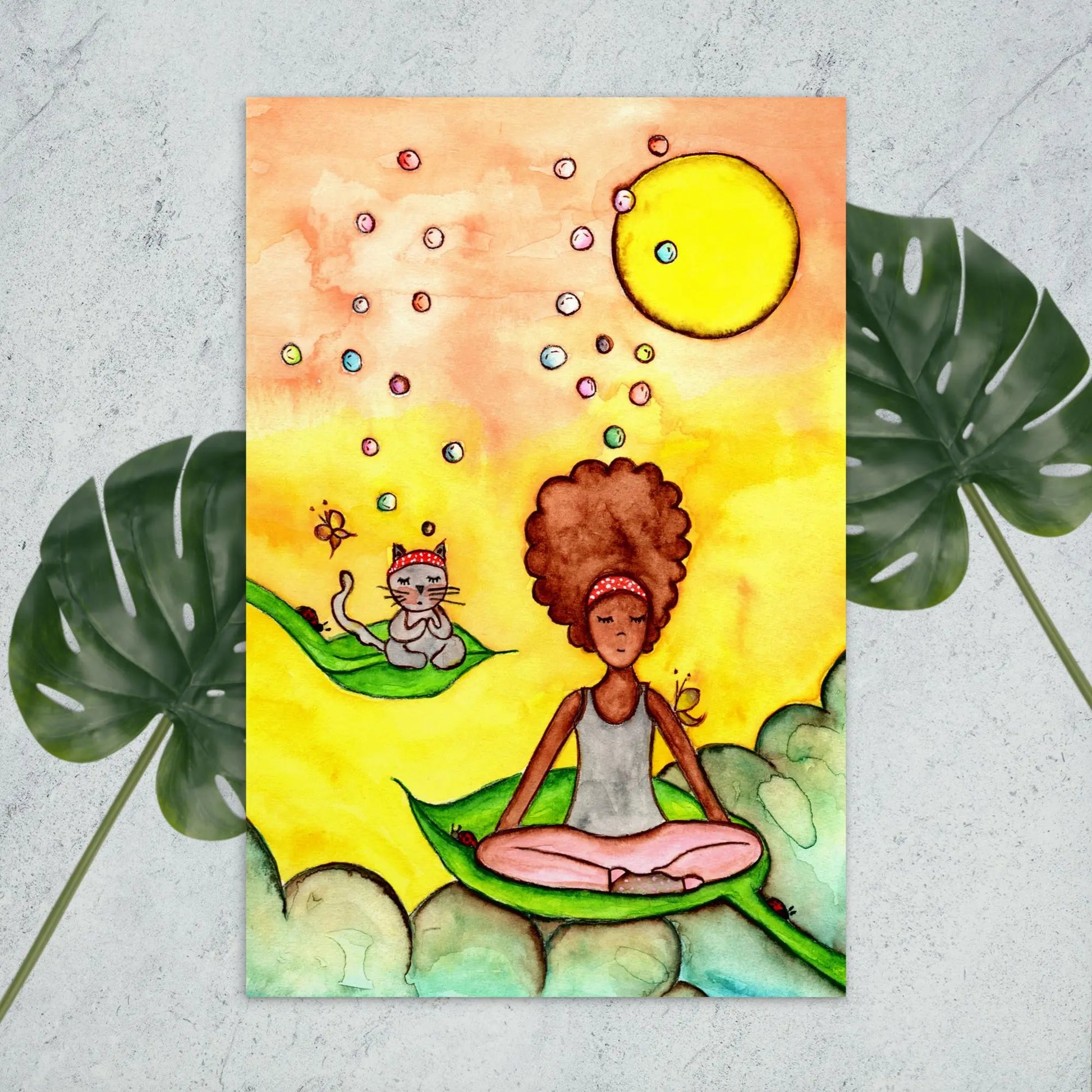 Postcard (cat and woman meditating)