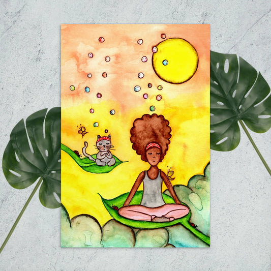 Postcard (cat and woman meditating)