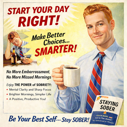 Vintage-style sobriety coffee mug design featuring retro motivational artwork, coffee imagery, and inspirational sober living slogans promoting clarity, focus, and positive mornings.