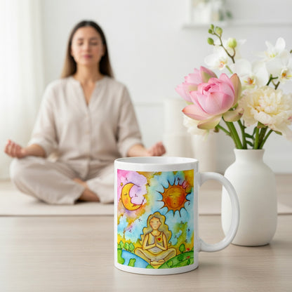Woman in meditation with sun and moon cosmic design on mug.  The mug is on the floor at the bottom center of the image. In the background a woman is meditating. Beside the mug is a vase of flowers.