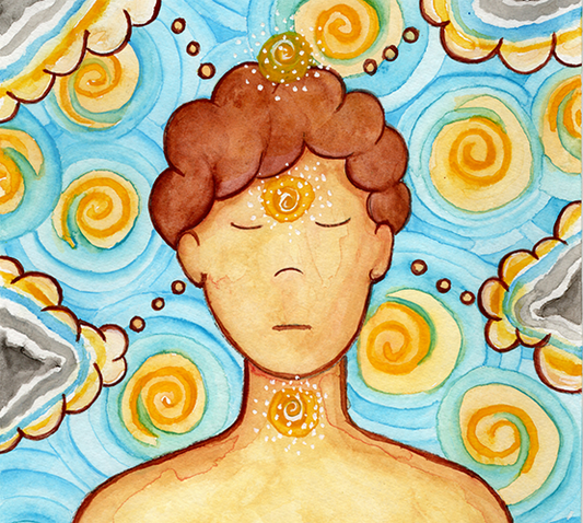 Man meditating with glowing throat, brow and crown chakras, symbolizing communication, intuition and spiritual connection, chakra artwork on a coffee mug.  This is a print of the original illustration by Brazilian artist Thaís Suizo.