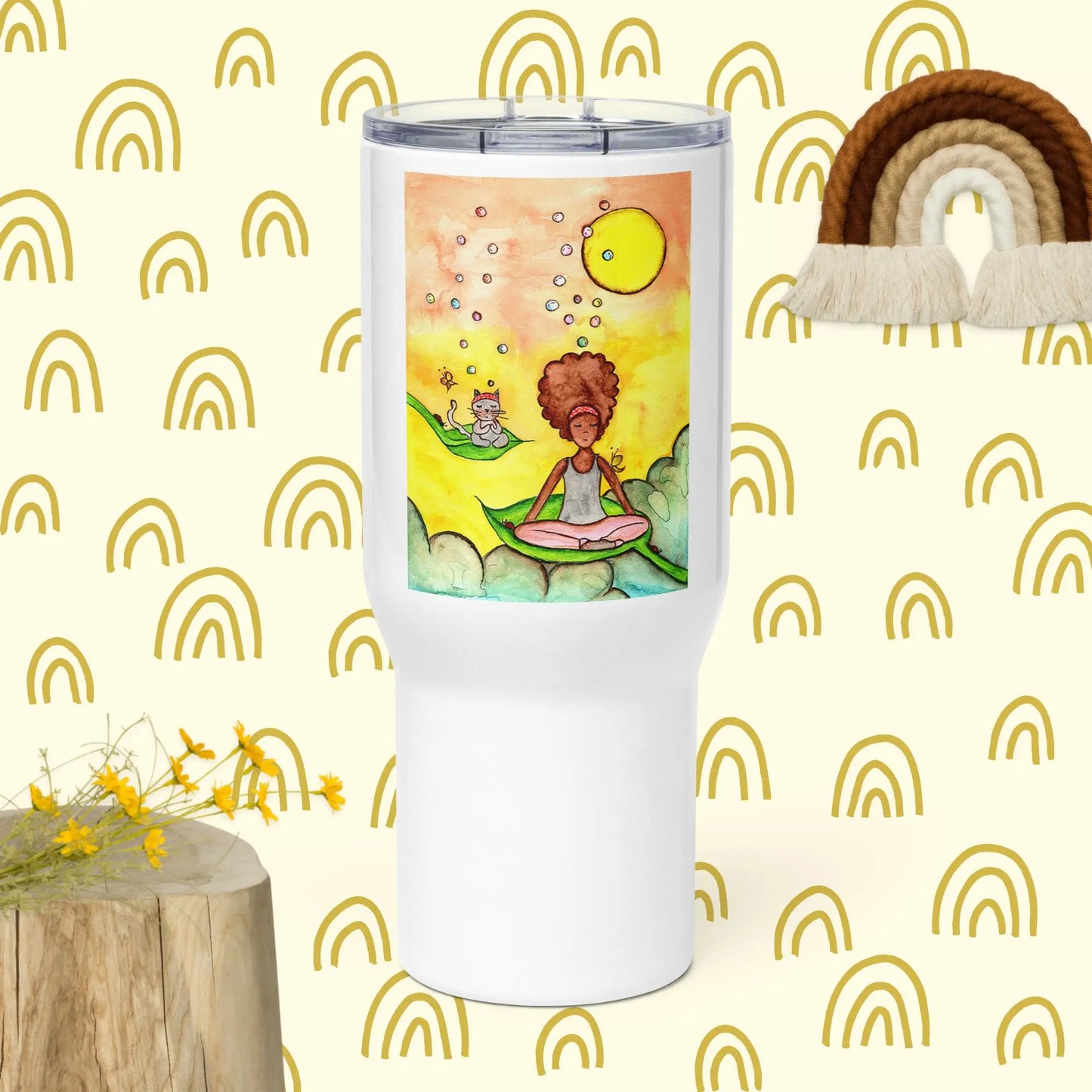 Travel Mug with Handle (cat and woman meditating)