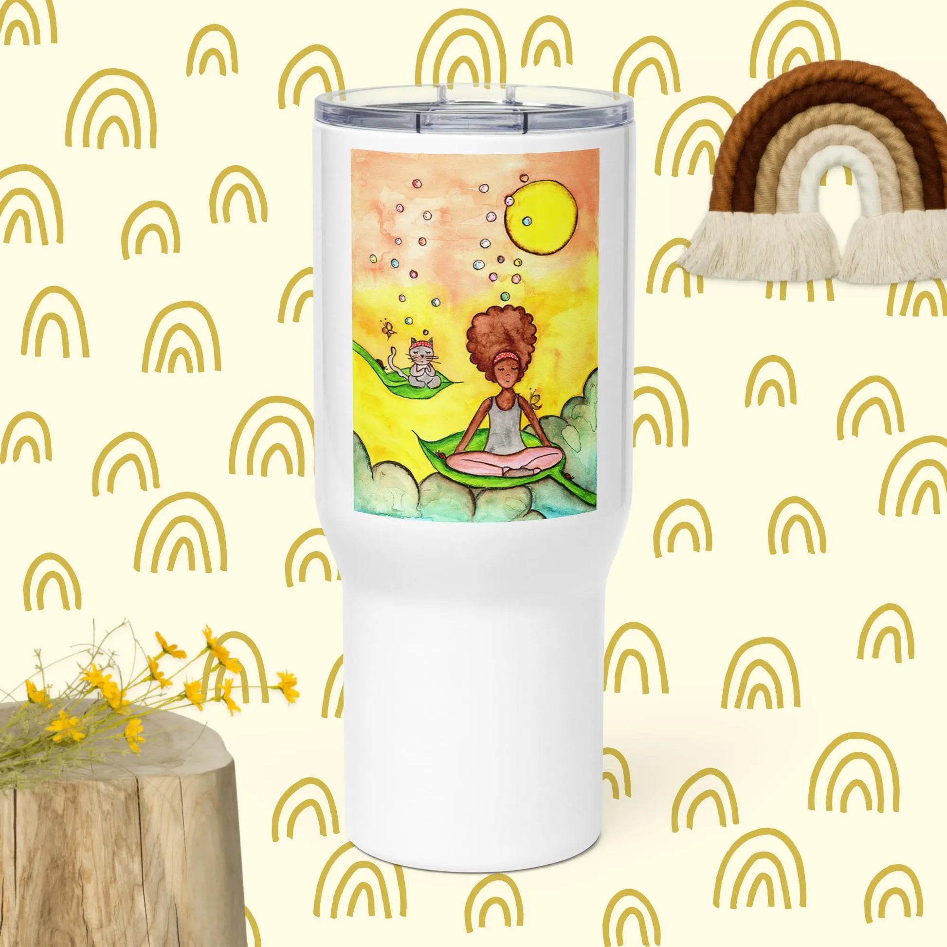 Travel Mug with Handle (cat and woman meditating)