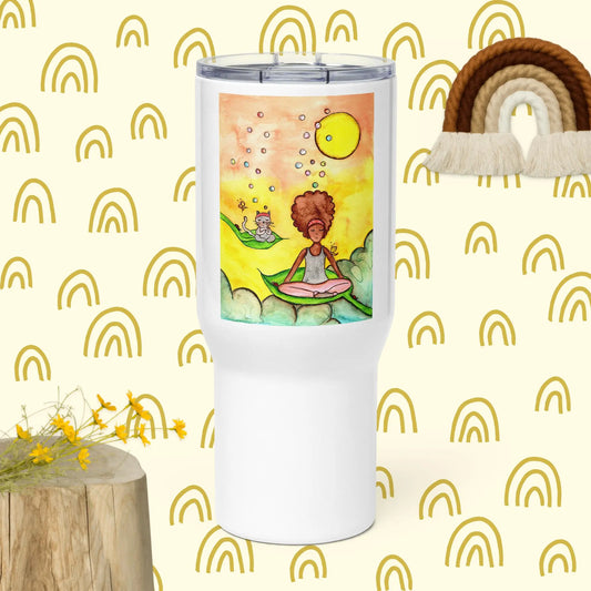 Travel Mug with Handle (cat and woman meditating)