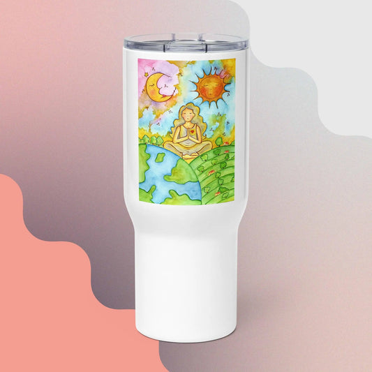 Travel Mug with Handle (meditating under the sun and moon)