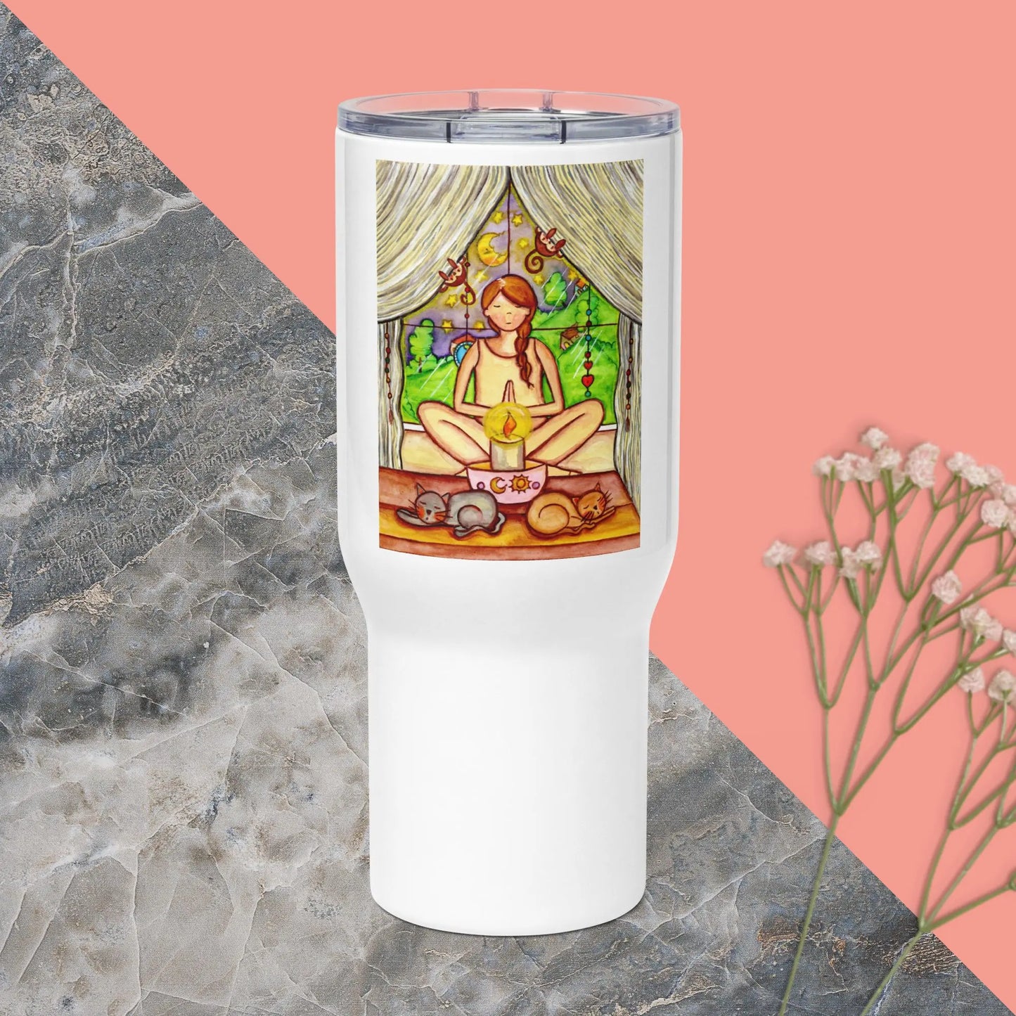 Travel Mug with Handle (meditating on a still flame)