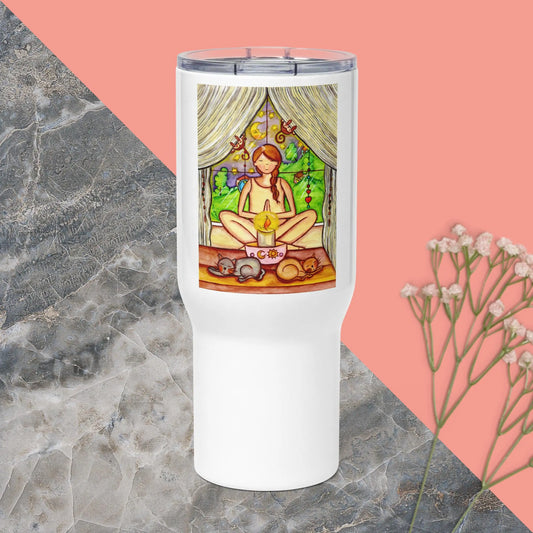 Travel Mug with Handle (meditating on a still flame)