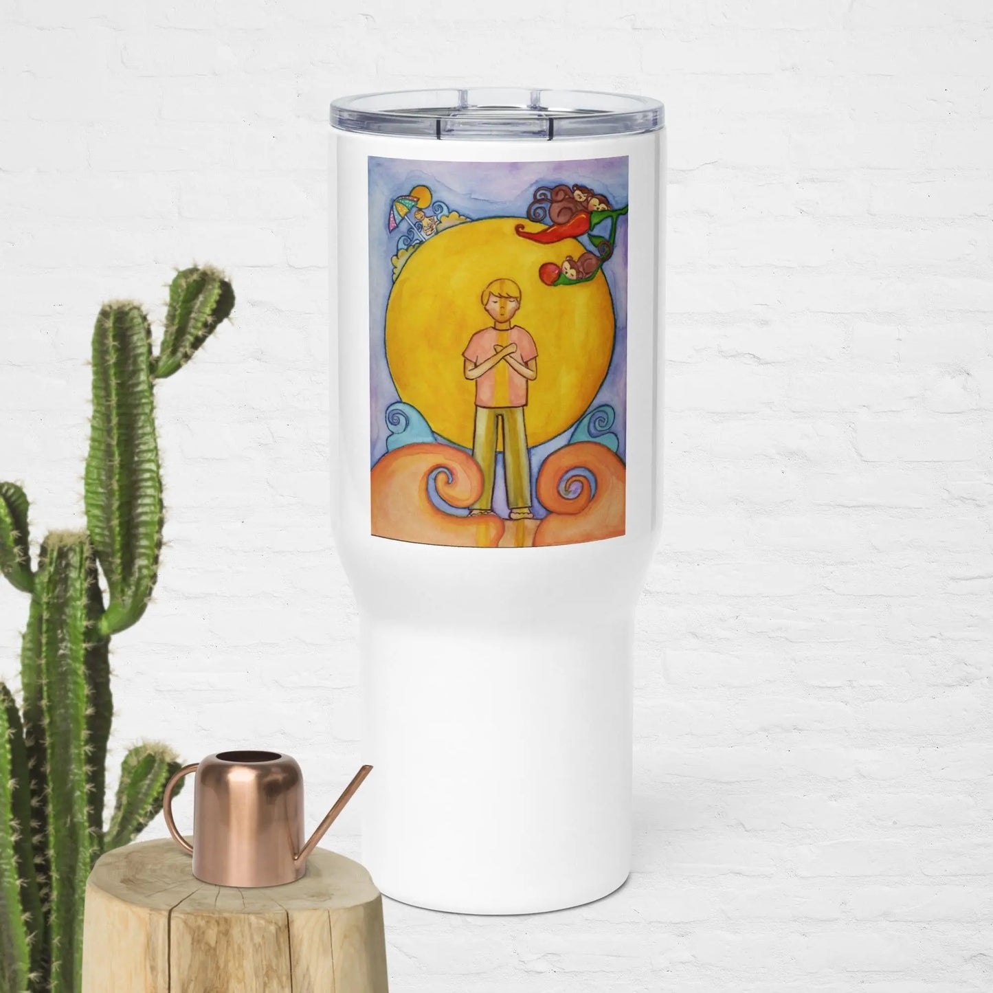 Travel Mug with Handle (meditating in front of the sun)