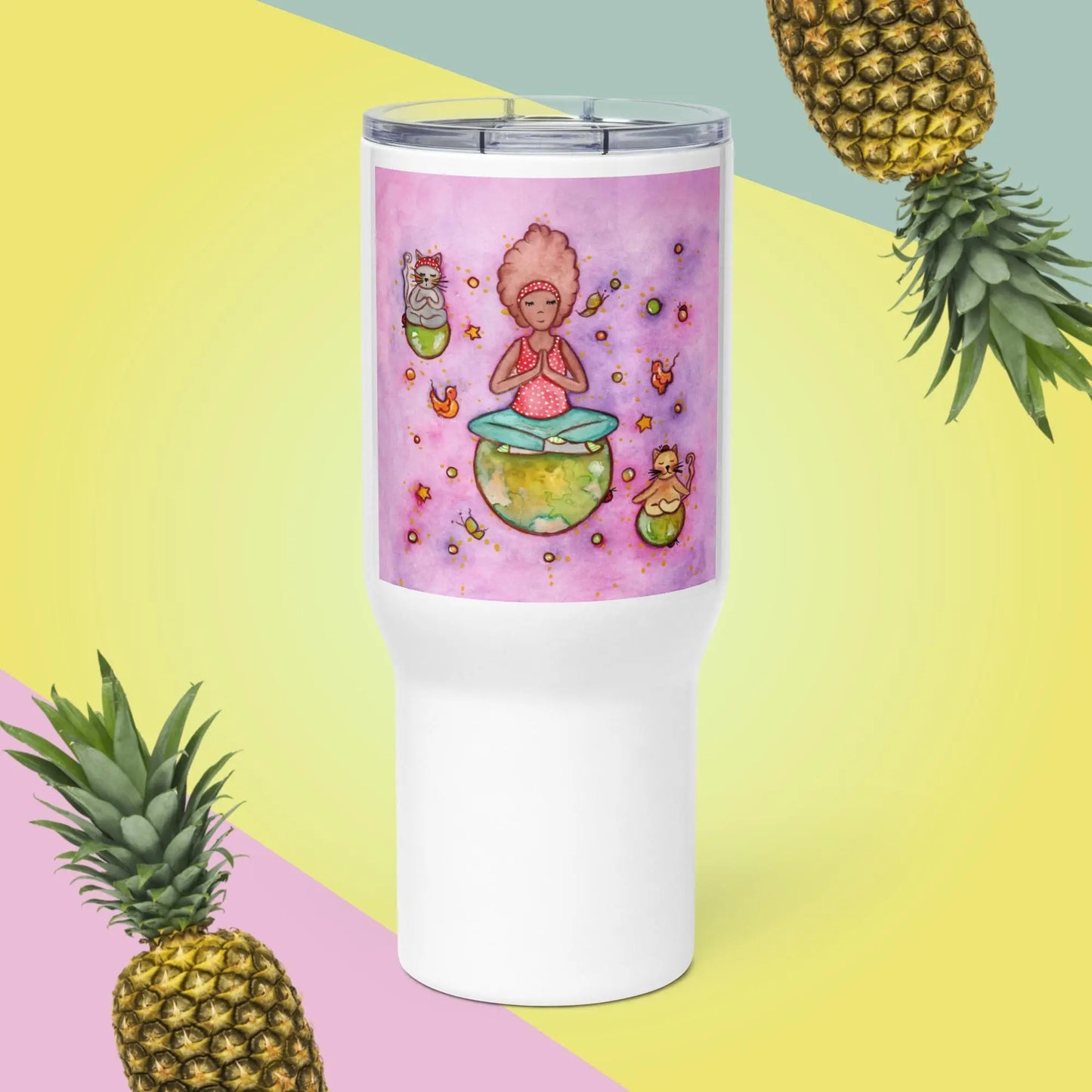 Travel Mug with Handle (cats and woman meditating)