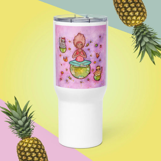 Travel Mug with Handle (cats and woman meditating)