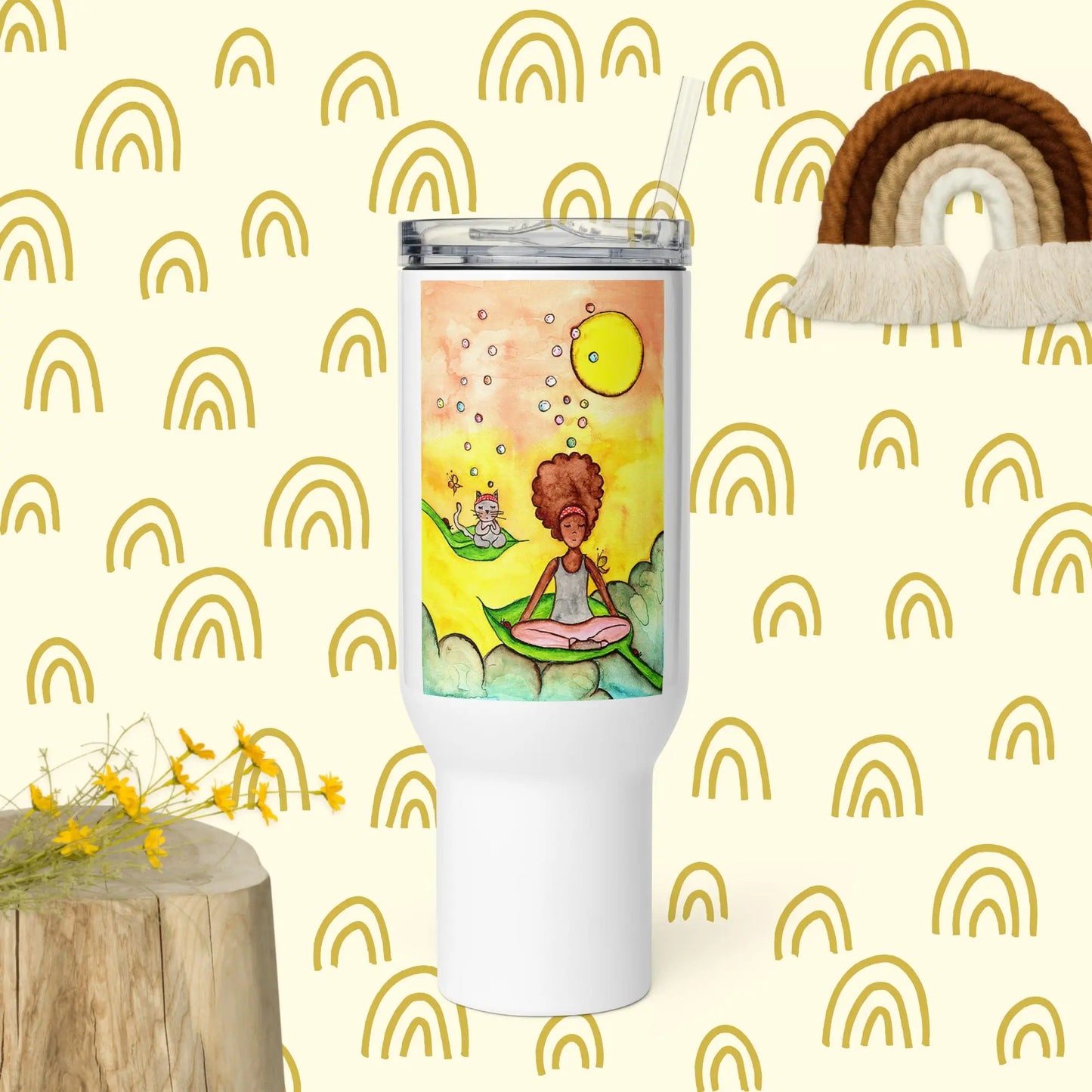 Travel Mug with Handle (cat and woman meditating)