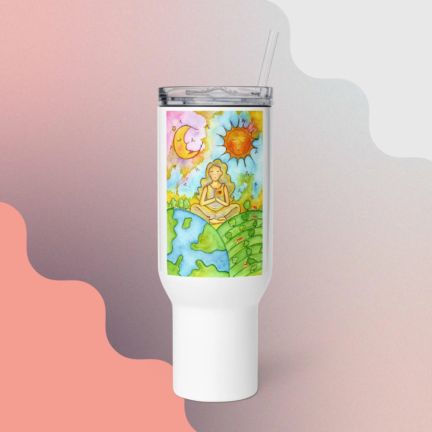 Travel Mug with Handle (meditating under the sun and moon)