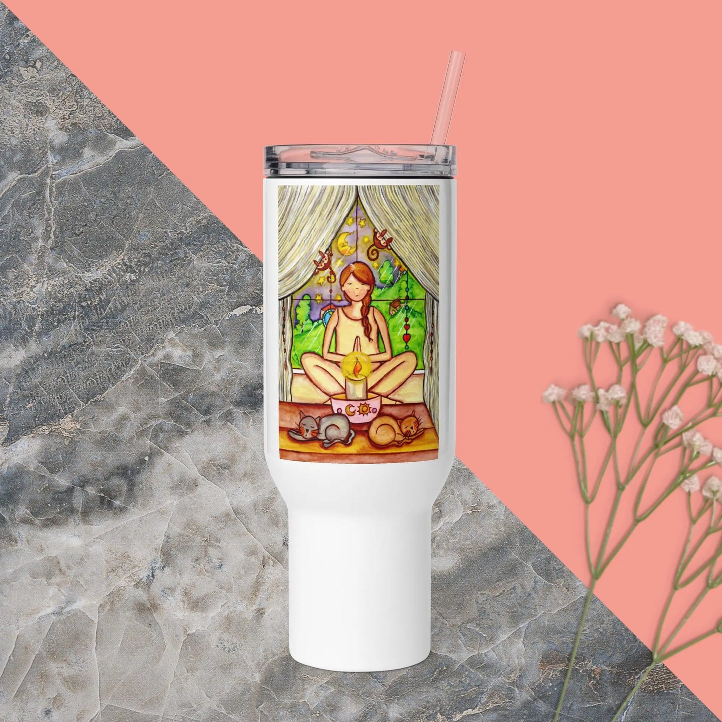 Travel Mug with Handle (meditating on a still flame)