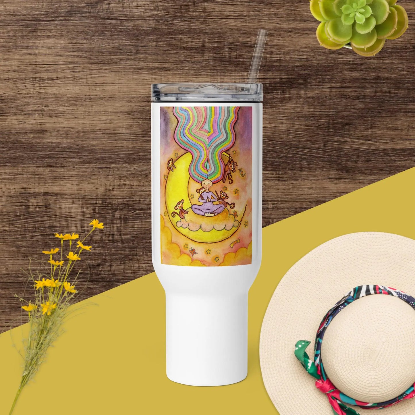 Travel Mug with Handle (meditating on the moon)