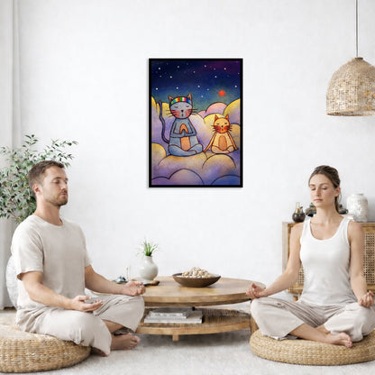 Two cats meditating on a cloud at night under the stars framed poster. This is a print of the original illustration by Brazilian artist Thaís Suizo.  The poster is in the center of the living room wall. Two friends are sitting on wicker pillows meditating. Between them is a small round coffee table with incense, a green potted plant and a bowl of shells. There is a potted plant to the left and a Buddha statue and a vase to the right. 
