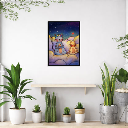 Two cats meditating on a cloud at night under the stars framed poster. This is a print of the original illustration by Brazilian artist Thaís Suizo. The poster is in the center of the living room wall. Below the poster is an empty bench. Below the bench is a variety of green potted plants including a few cactus.
