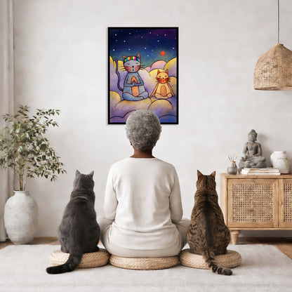 Two cats meditating on a cloud at night under the stars framed poster. This is a print of the original illustration by Brazilian artist Thaís Suizo.  The poster is in the center of the living room wall. A woman is meditating facing the poster with a white cat on her left side and a black cat on her right side. There is a potted plant on the left side and a cabinet with a Buddha statue on it on the right side. 
