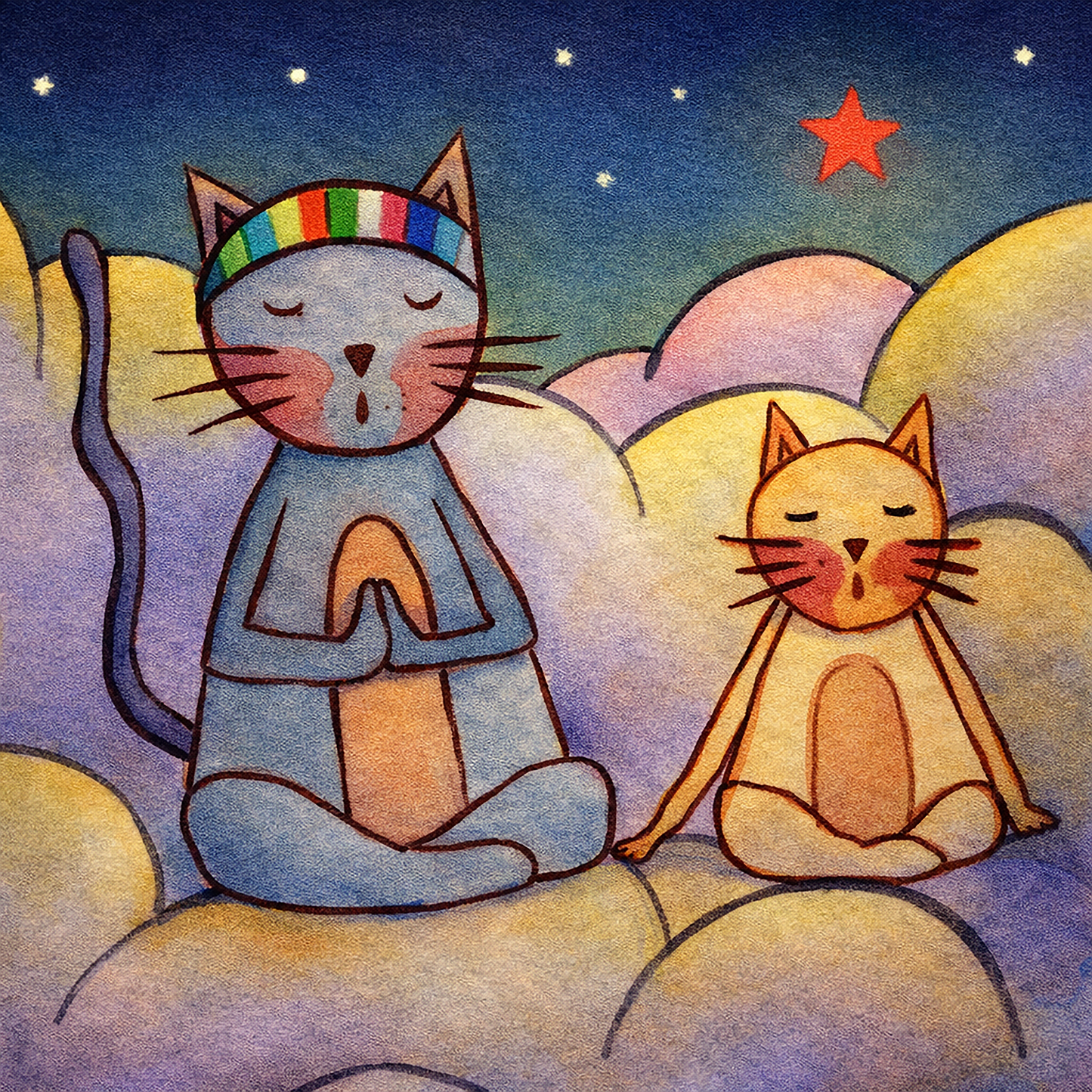 Thumbnail of two cats meditating on a cloud at night under the stars framed poster. This is a print of the original illustration by Brazilian artist Thaís Suizo. 