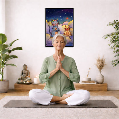 Two cats meditating on a cloud at night under the stars framed poster. This is a print of the original illustration by Brazilian artist Thaís Suizo.  The poster is in the center of the living room wall. There is a woman meditating facing away from the wall. Behind her is a coffee table with incense and a Buddha statue. There are potted plants on the right and left side of the background.
