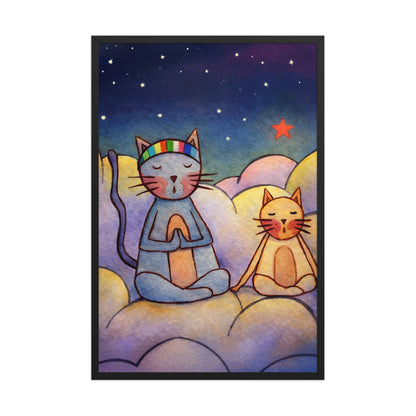 Two cats meditating on a cloud at night under the stars framed poster. This is a print of the original illustration by Brazilian artist Thaís Suizo. 