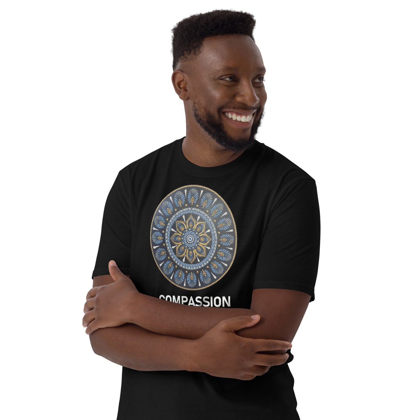 Unisex Softstyle T-Shirt (mandala with gold rim | on front | COMPASSION in white lettering)