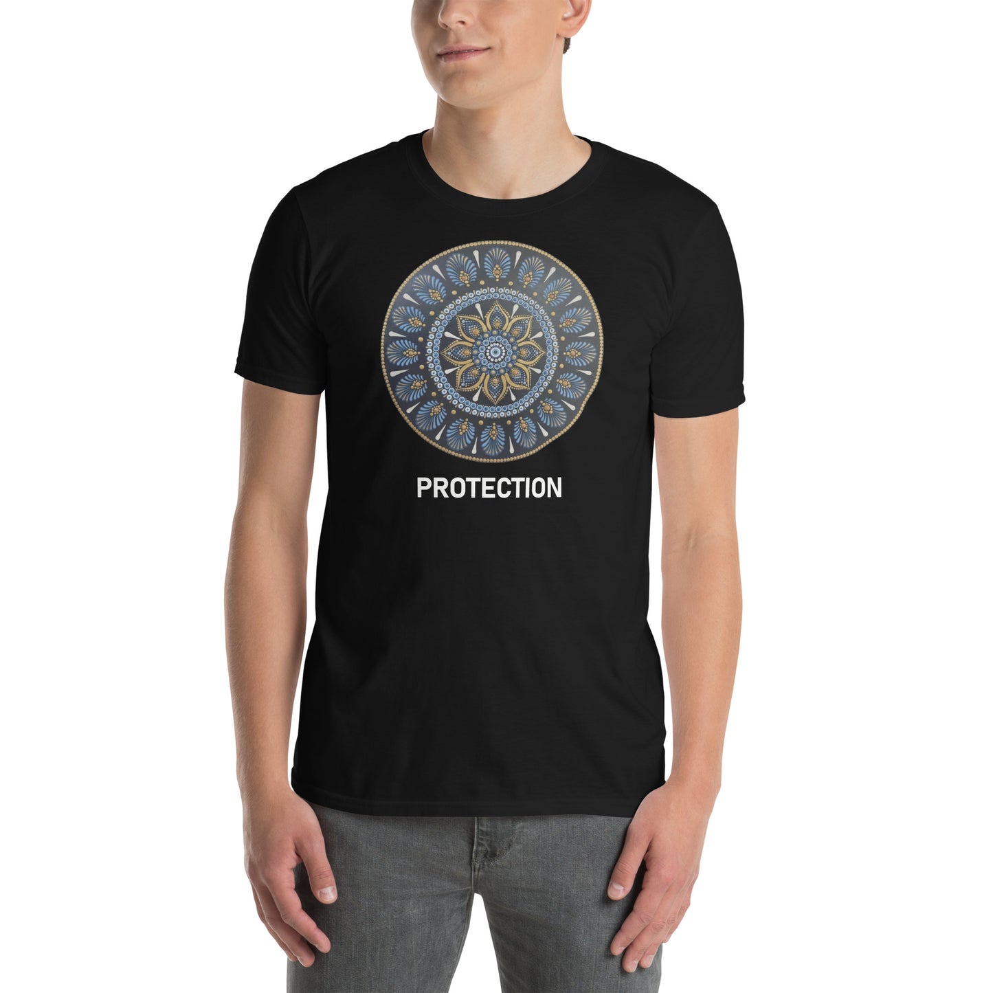 Unisex Softstyle T-Shirt (mandala with gold rim on front | PROTECTION in white lettering)