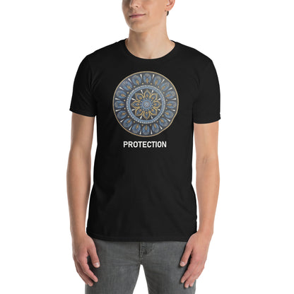 Unisex Softstyle T-Shirt (mandala with gold rim on front | PROTECTION in white lettering)