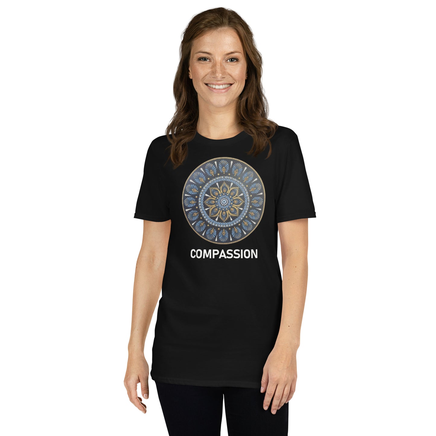 Unisex Softstyle T-Shirt (mandala with gold rim on front | COMPASSION in white lettering)
