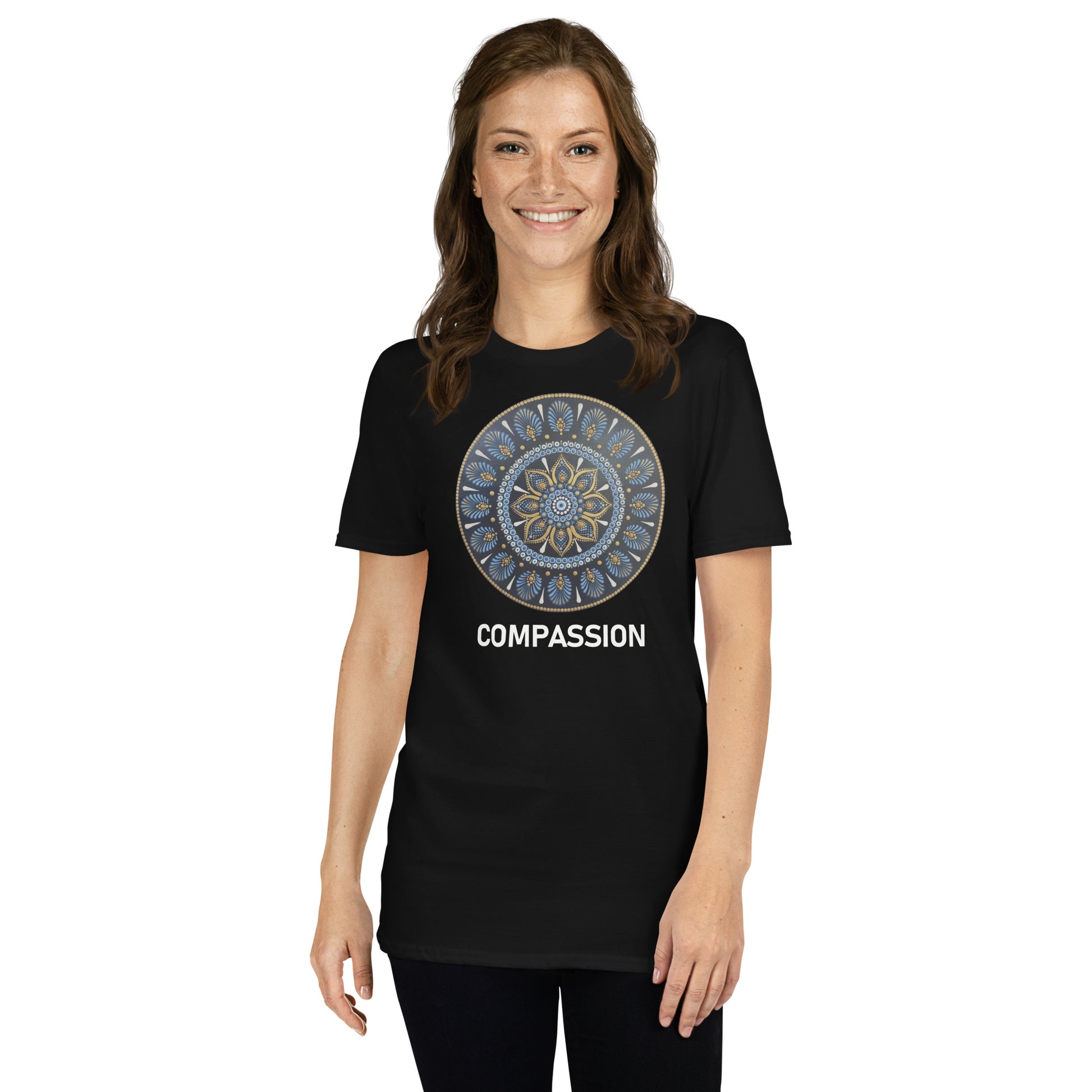 Unisex Softstyle T-Shirt (mandala with gold rim on front | COMPASSION in white lettering)