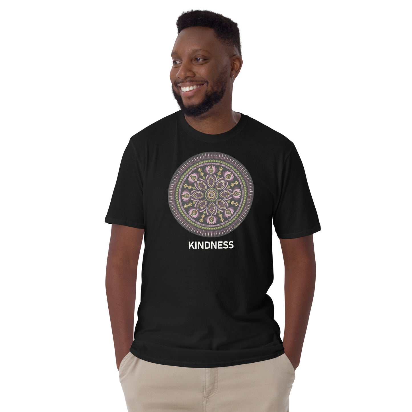Unisex Softstyle T-Shirt (mandala with magenta rim on front | KINDNESS in white lettering)